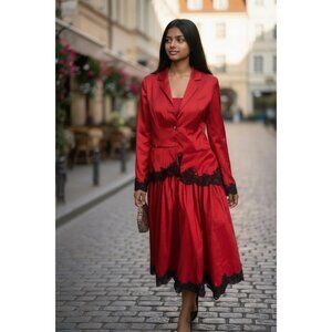 Rachel Roy Red Dress & Matching Jacket – Size 12, Black Lace Trim, Designer Set